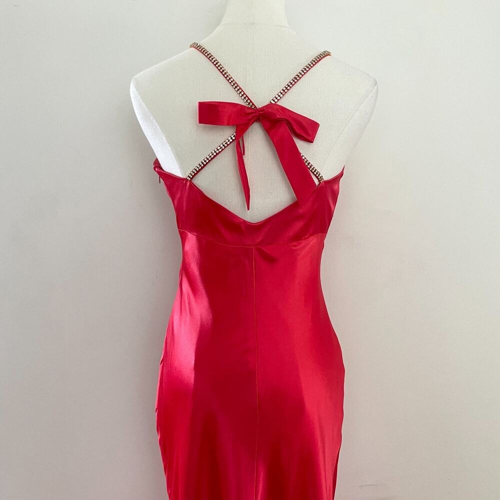 Vintage Y2K Red Satin Bow Dress S Cowl‎ Neck Low Back Strappy Glam Holiday NYE